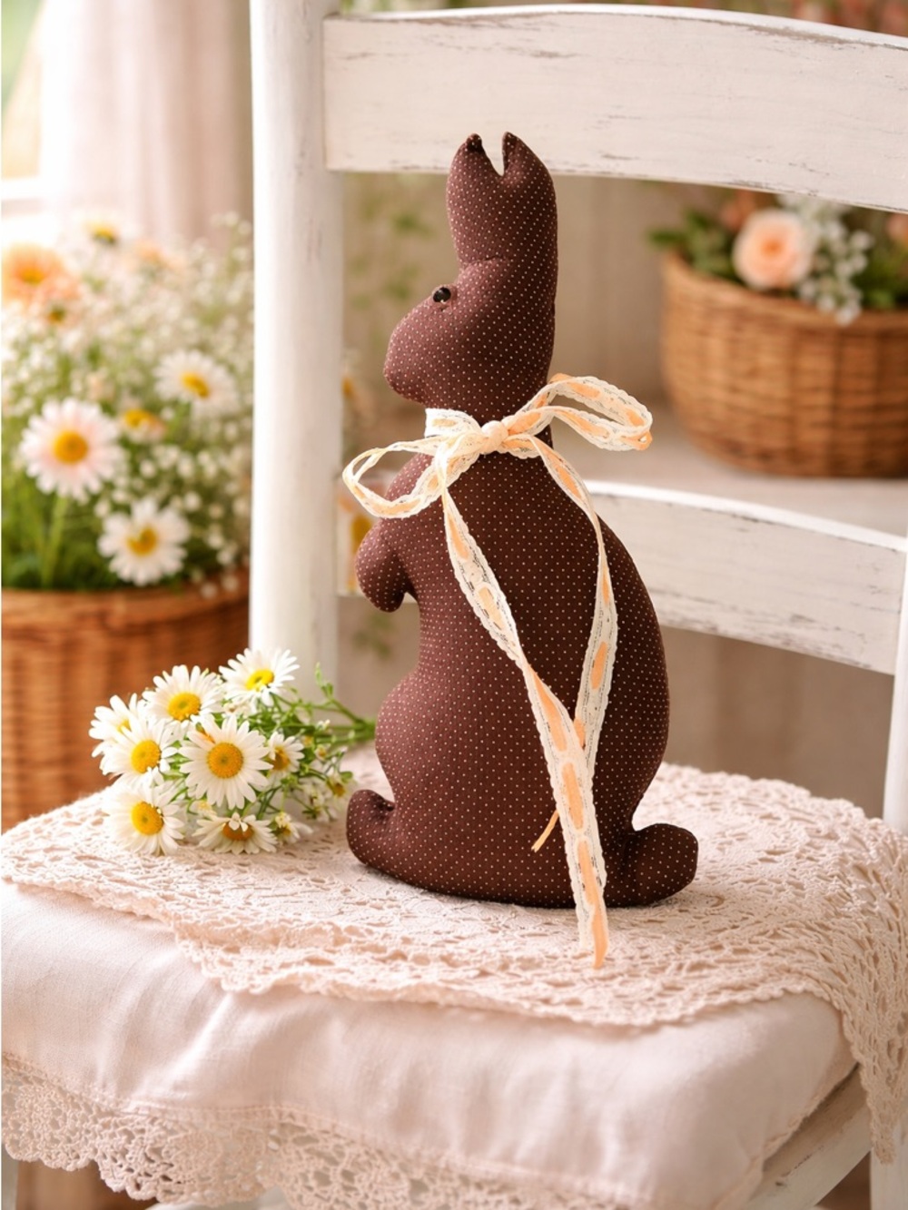 Handmade Brown Polka Dot Bunny Plush Accent